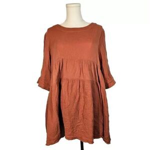 Newbury Kustom Tiered Dress‎ POCKETS Raw Hem Cottagecore Boho Feminine Rust S